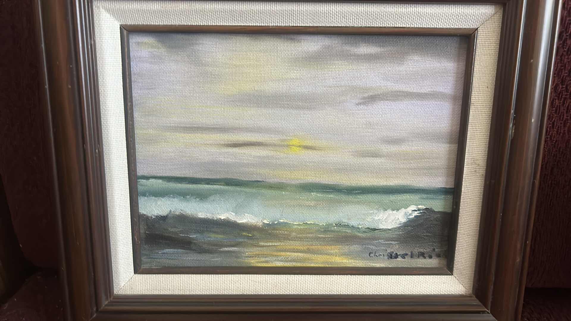 Photo 1 of FRAMED, SIGNED BY ARTIST, CHRISTOPHER REID, VINTAGE IMPRESSIONIST OIL ON CANVAS PAINTING ARTWORK FEATURING A SEASCAPE. 11 1/2” x H9 1/2”