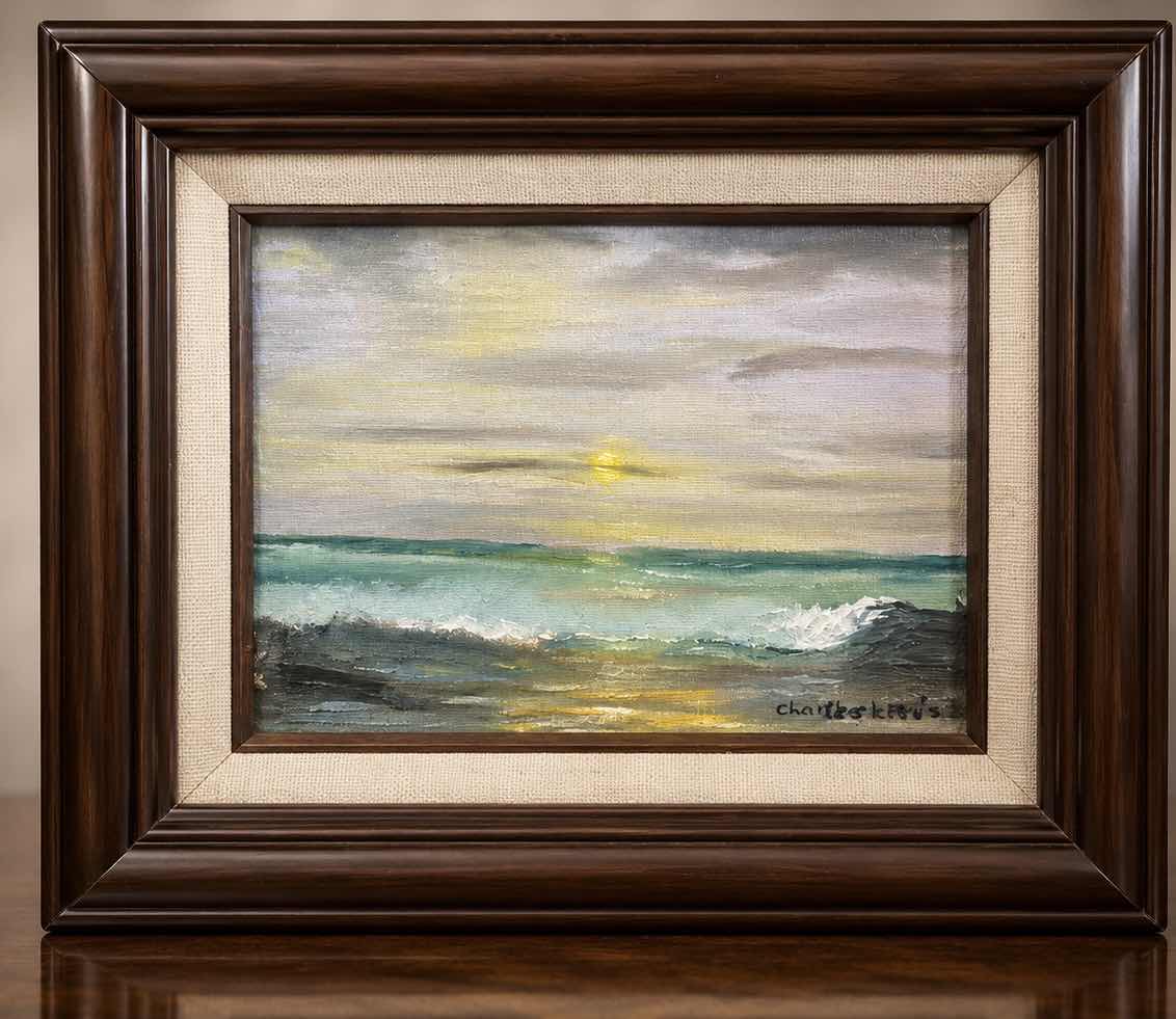 Photo 1 of FRAMED, SIGNED BY ARTIST, CHRISTOPHER REID, VINTAGE IMPRESSIONIST OIL ON CANVAS PAINTING ARTWORK FEATURING A SEASCAPE. 11 1/2” x H9 1/2”