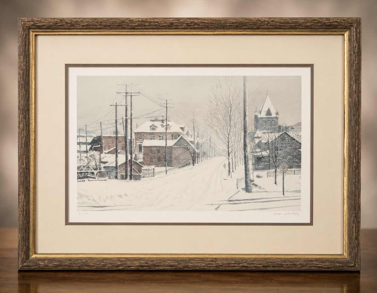 Photo 1 of FRAMED AND SIGNED OFFSET LITHOGRAPH ON PAPER ARTWORK BY FREDERICK KAIL, “WINTER NEIGHBORHOOD IN SNOW”. 19 1/2“ x H16 1/2“