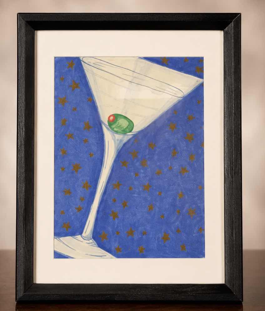 Photo 1 of FRAMED SIGNED ARTWORK FEATURING A WHIMSICAL ILLUSTRATION OF A CLASSIC MARTINI GLASS WITH A GREEN PIMENTO STUFFED OLIVE 12 1/4” x H15 1/4”