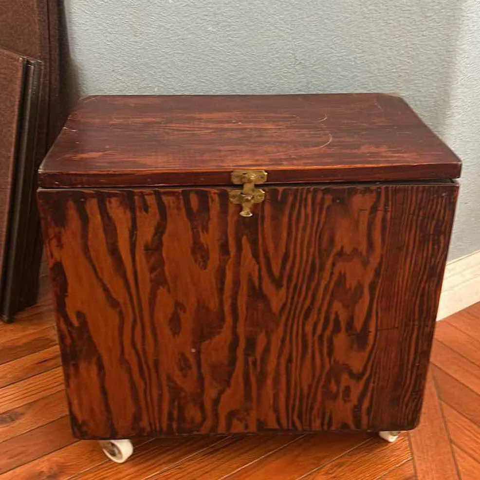 Photo 1 of VINTAGE WOODEN CHEST/STORAGE BOX WITH WHEELS AND A METAL LATCH. 18“ x 11 1/2“ x H17”