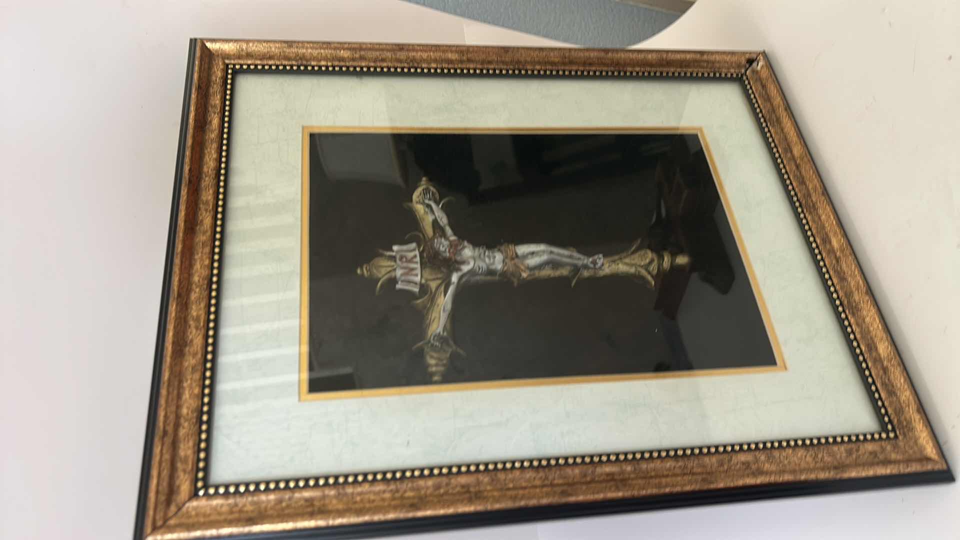 Photo 1 of TWO TRADITIONAL ROMAN CATHOLIC DEVOTIONAL OBJECTS - LAST RITES WOODEN CRUCIFIX WITH OIL AND CANDLES AND SHADOWBOX 13” x H16 1/2”