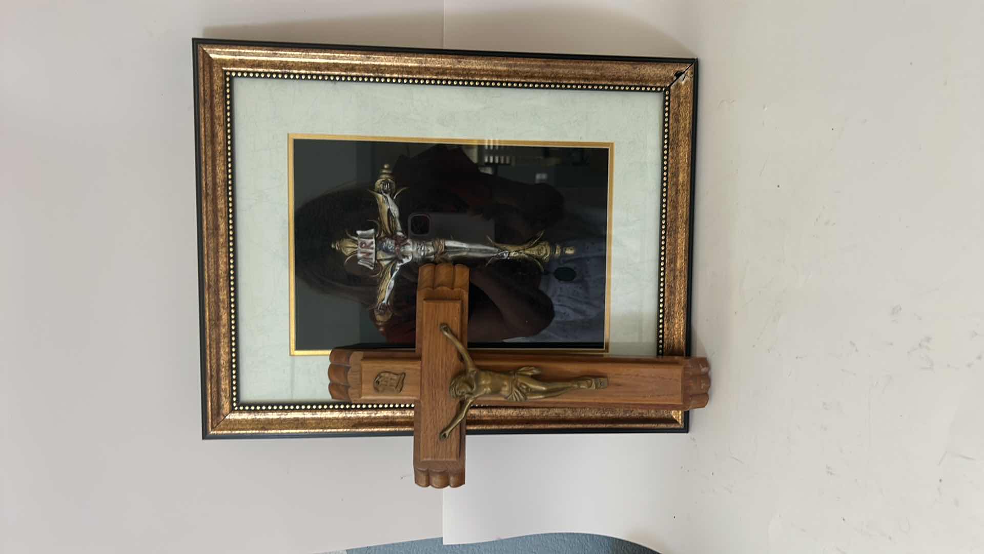 Photo 1 of TWO TRADITIONAL ROMAN CATHOLIC DEVOTIONAL OBJECTS - LAST RITES WOODEN CRUCIFIX WITH OIL AND CANDLES AND SHADOWBOX 13” x H16 1/2”