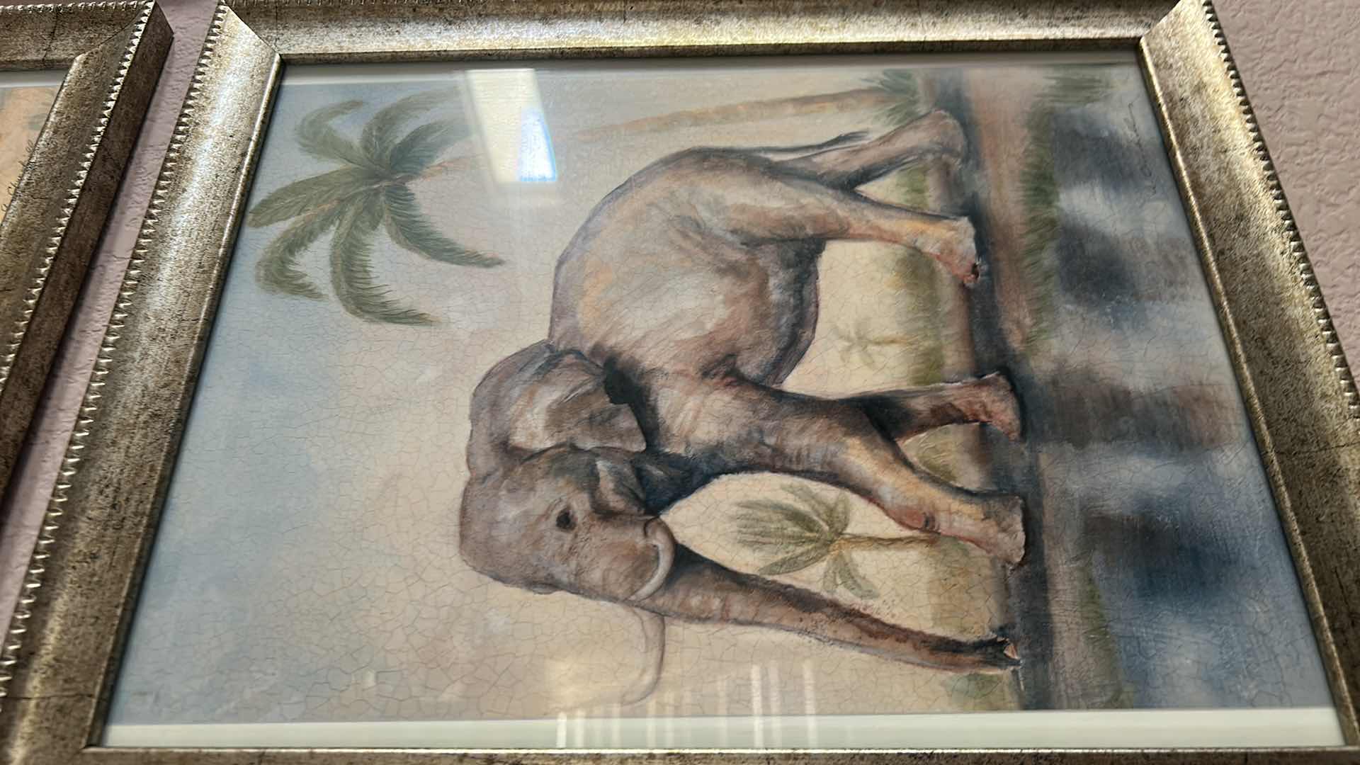 Photo 1 of SET A FOUR "ANIMALS AFRICANA" PRINT ARTWORK PIECES BY ALEXANDRA CHURCHILL, FEATURING A GIRAFFE, CAMEL, ELEPHANT AND ZEBRA IN RUSTIC GOLD FRAMES. 13” x H 16”