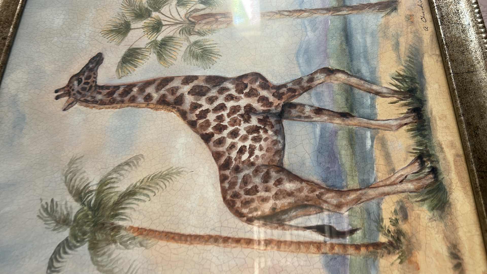 Photo 1 of SET A FOUR "ANIMALS AFRICANA" PRINT ARTWORK PIECES BY ALEXANDRA CHURCHILL, FEATURING A GIRAFFE, CAMEL, ELEPHANT AND ZEBRA IN RUSTIC GOLD FRAMES. 13” x H 16”