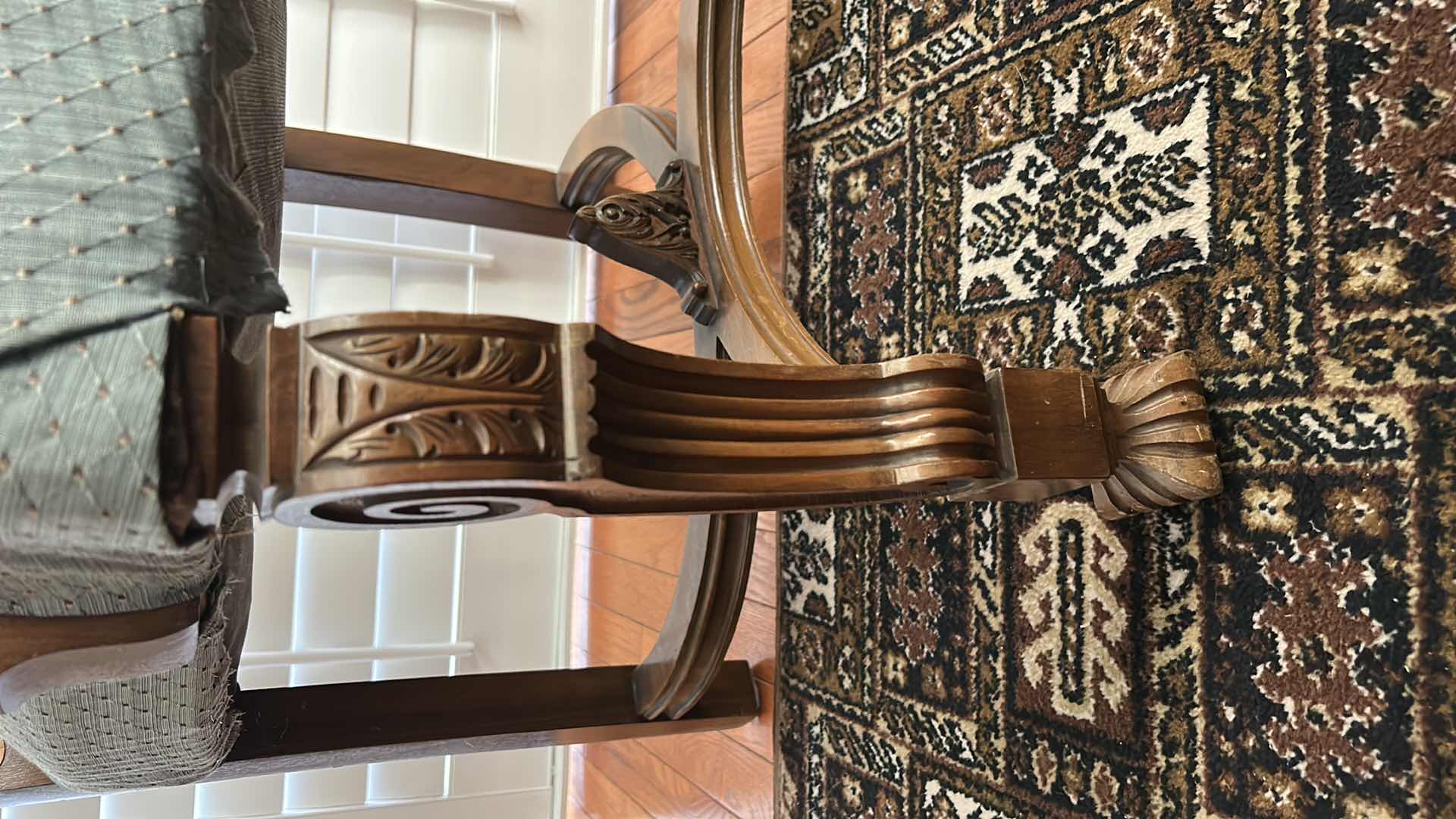 View 8 of MINTON SIDELL ANTIQUE DINING ARMCHAIR CHAIR FEATURING CARVED WALNUT FRAMES AND TAPESTRY STYLE, PAISLEY FABRIC 26“ x 22“ x H46“