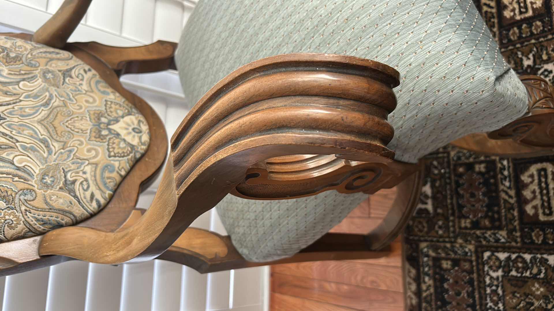 View 6 of MINTON SIDELL ANTIQUE DINING ARMCHAIR CHAIR FEATURING CARVED WALNUT FRAMES AND TAPESTRY STYLE, PAISLEY FABRIC 26“ x 22“ x H46“