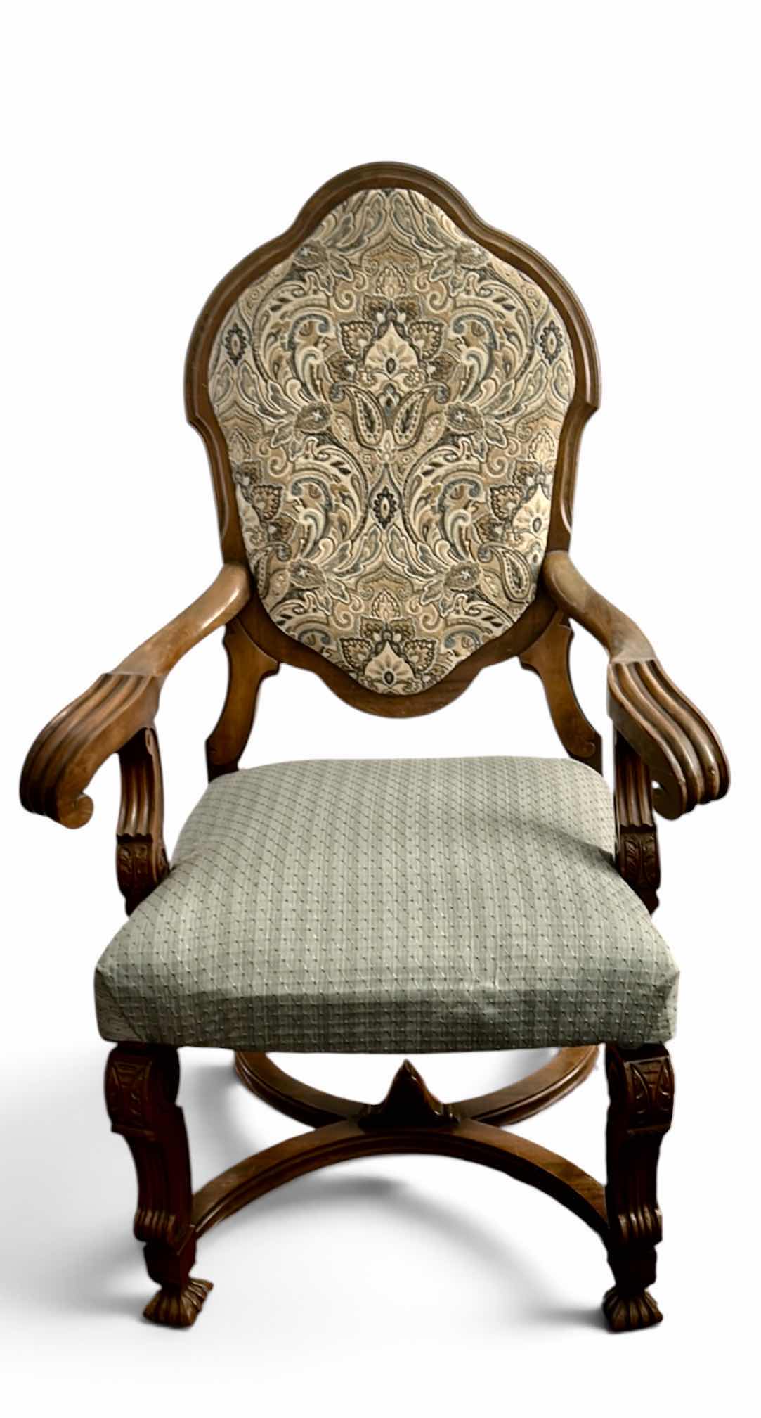 Photo 1 of MINTON SIDELL ANTIQUE DINING ARMCHAIR CHAIR FEATURING CARVED WALNUT FRAMES AND TAPESTRY STYLE, PAISLEY FABRIC 26“ x 22“ x H46“
