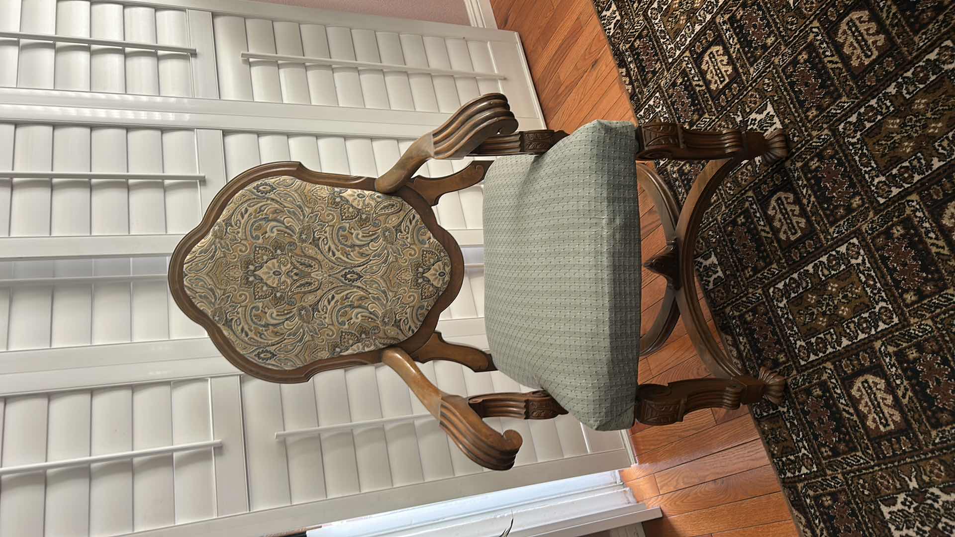 View 2 of MINTON SIDELL ANTIQUE DINING ARMCHAIR CHAIR FEATURING CARVED WALNUT FRAMES AND TAPESTRY STYLE, PAISLEY FABRIC 26“ x 22“ x H46“