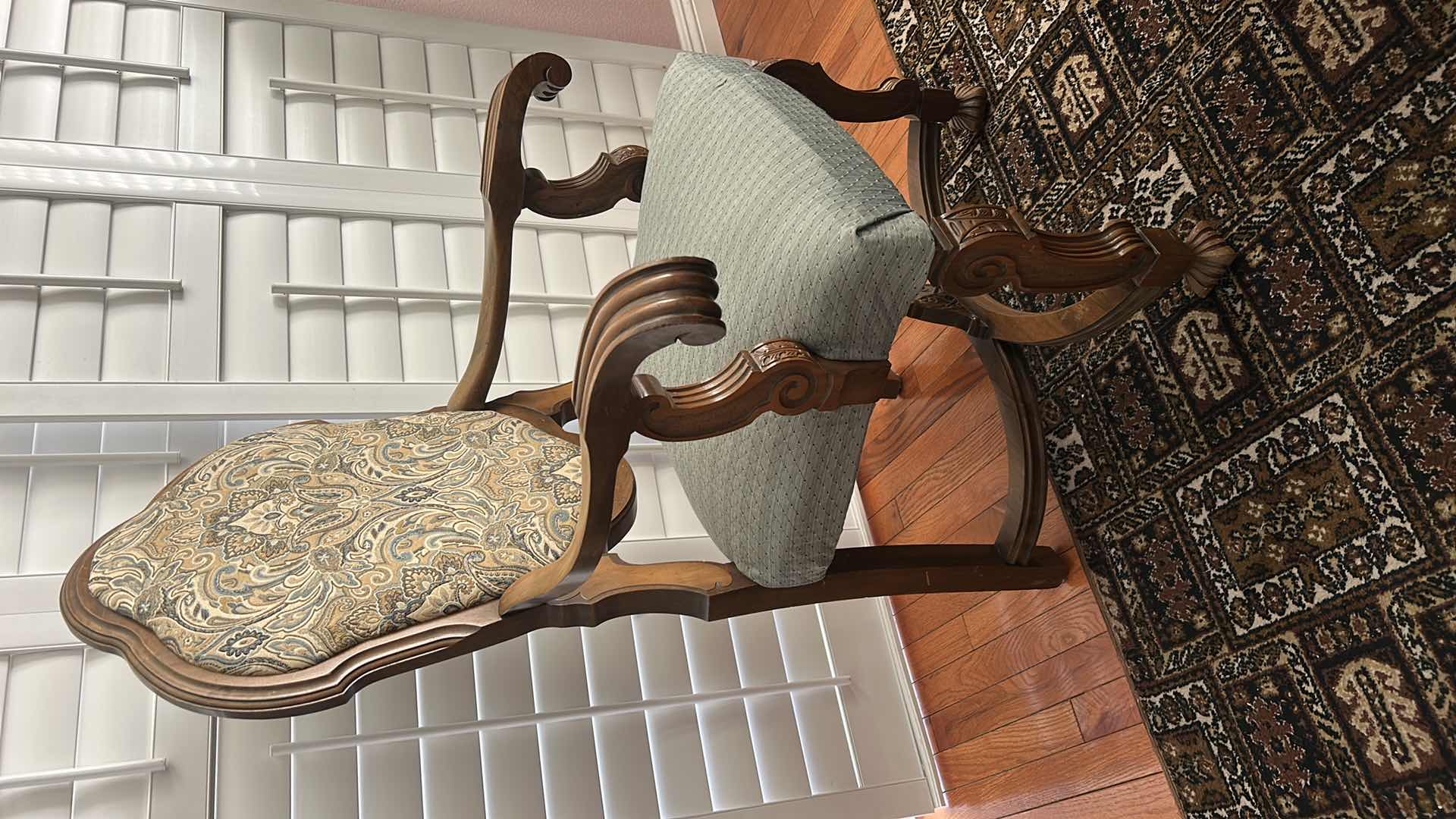 View 5 of MINTON SIDELL ANTIQUE DINING ARMCHAIR CHAIR FEATURING CARVED WALNUT FRAMES AND TAPESTRY STYLE, PAISLEY FABRIC 26“ x 22“ x H46“
