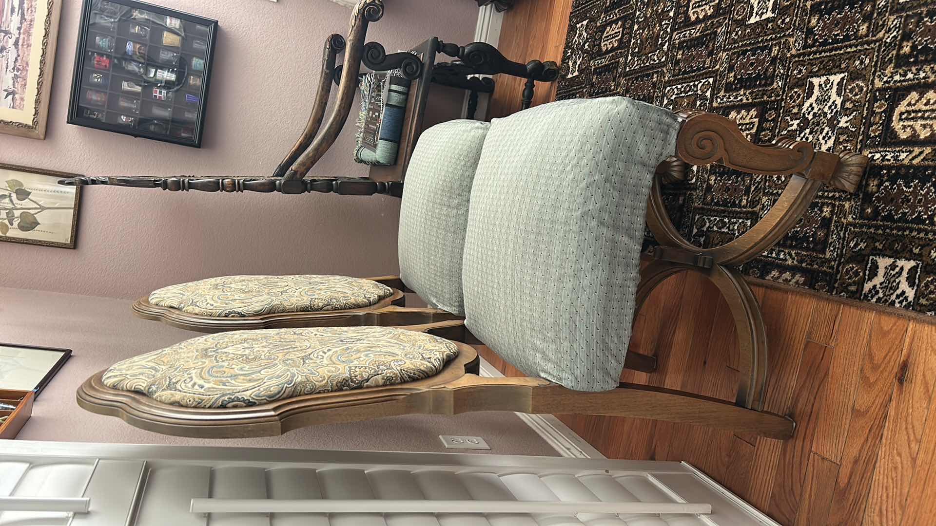 Photo 1 of 2 MINTON SIDELL ANTIQUE DINING CHAIRS FEATURING CARVED WALNUT FRAMES AND TAPESTRY STYLE, PAISLEY FABRIC 20“ x 20“ x H44 1/4“ $1200- $1600
