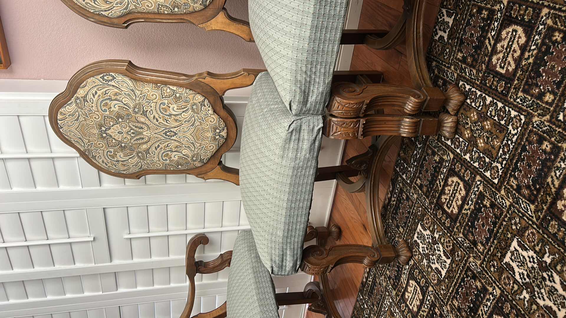 Photo 1 of 2 MINTON SIDELL ANTIQUE DINING CHAIRS FEATURING CARVED WALNUT FRAMES AND TAPESTRY STYLE, PAISLEY FABRIC 20“ x 20“ x H44 1/4“ $1200- $1600