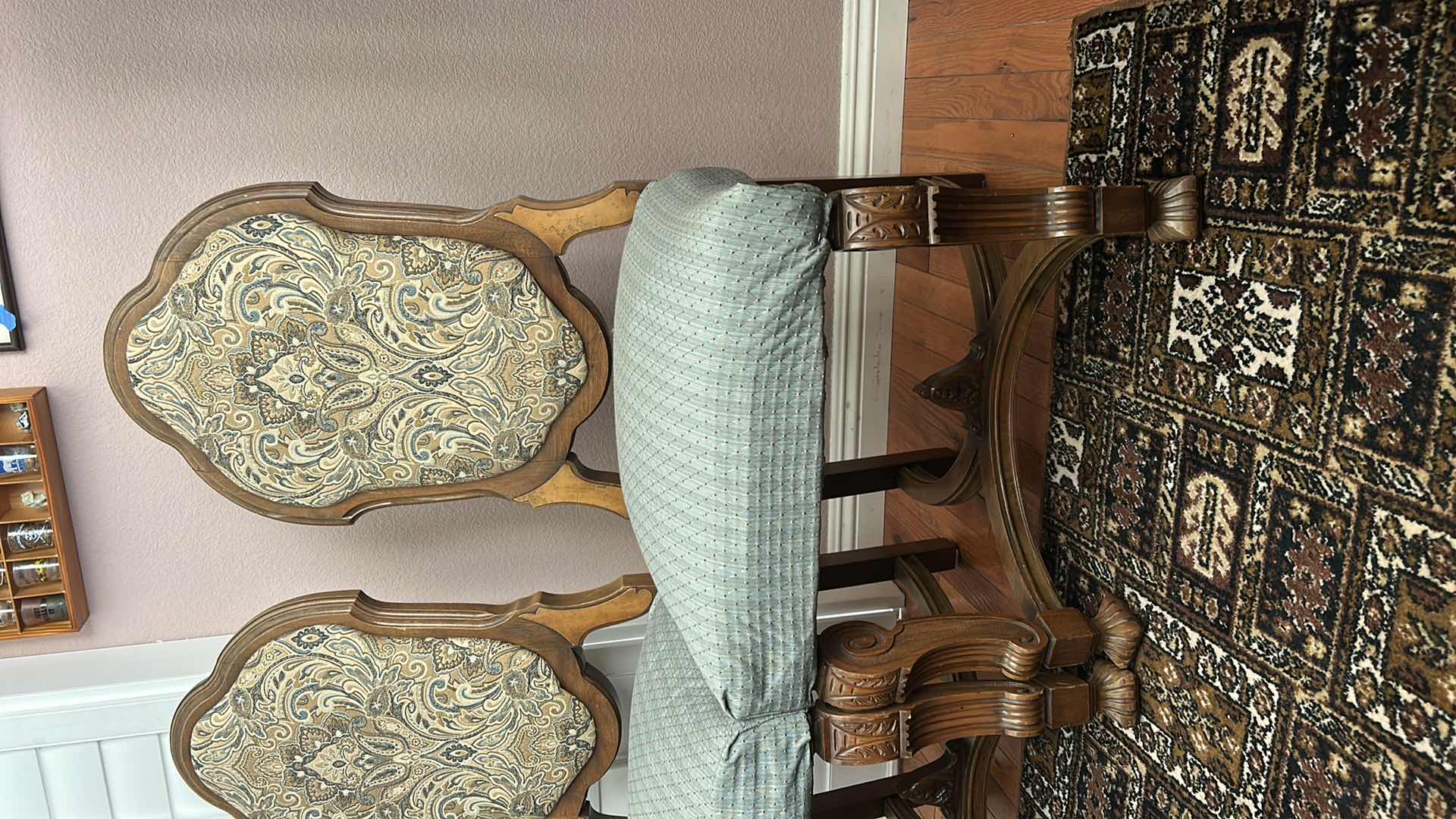 Photo 1 of 2 MINTON SIDELL ANTIQUE DINING CHAIRS FEATURING CARVED WALNUT FRAMES AND TAPESTRY STYLE, PAISLEY FABRIC 20“ x 20“ x H44 1/4“ $1200- $1600