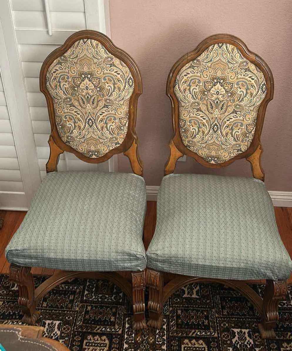 Photo 1 of 2 MINTON SIDELL ANTIQUE DINING CHAIRS FEATURING CARVED WALNUT FRAMES AND TAPESTRY STYLE, PAISLEY FABRIC 20“ x 20“ x H44 1/4“ $1200- $1600