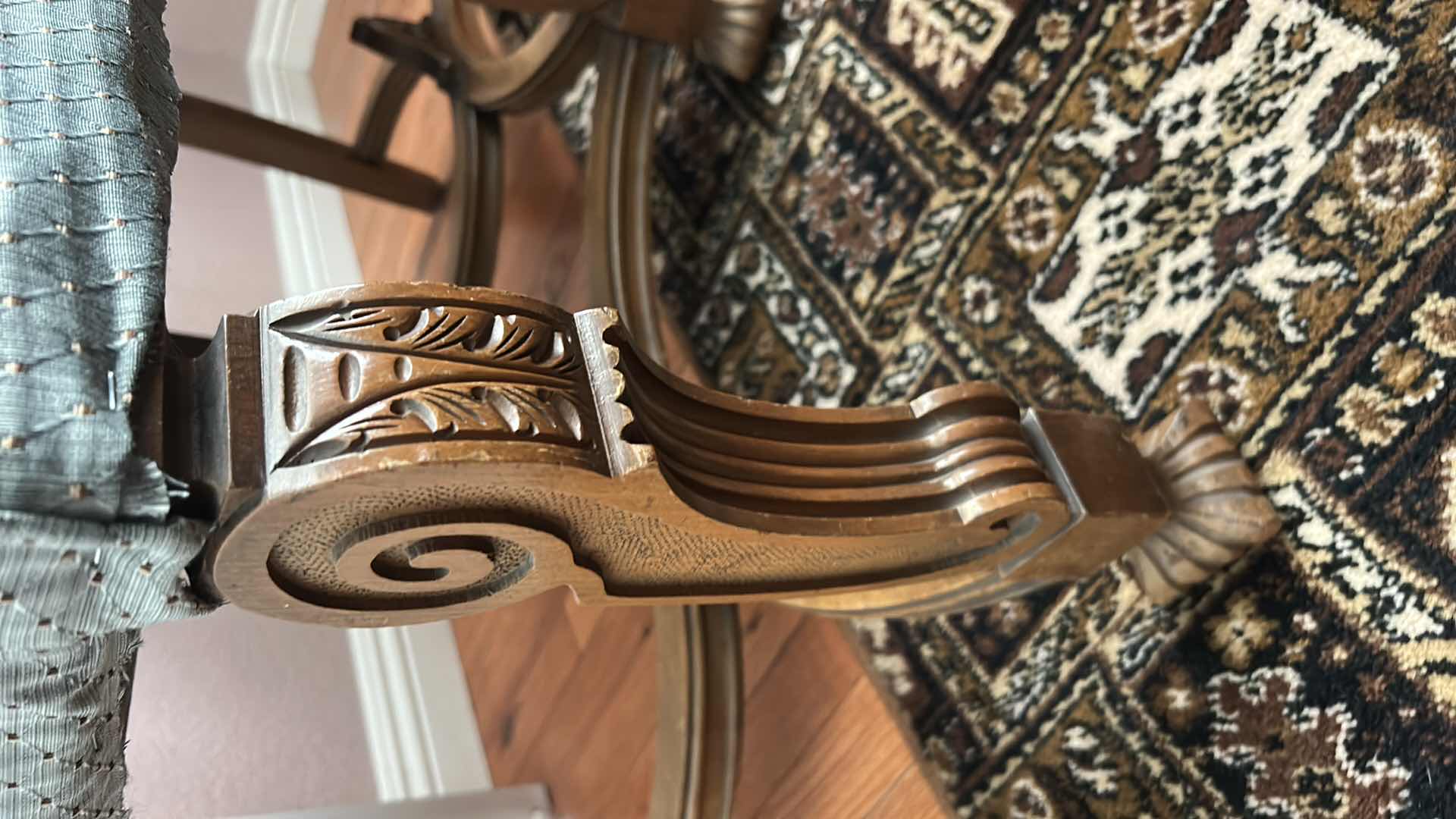 Photo 1 of 2 MINTON SIDELL ANTIQUE DINING CHAIRS FEATURING CARVED WALNUT FRAMES AND TAPESTRY STYLE, PAISLEY FABRIC 20“ x 20“ x H44 1/4“ $1200- $1600
