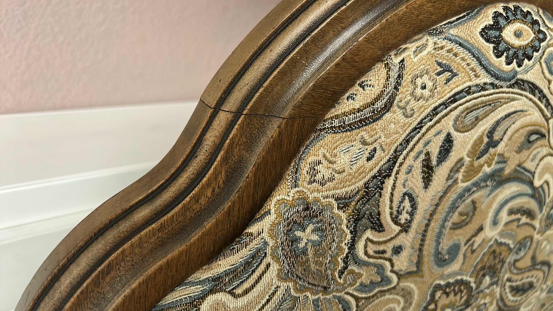 Photo 1 of 2 MINTON SIDELL ANTIQUE DINING CHAIRS FEATURING CARVED WALNUT FRAMES AND TAPESTRY STYLE, PAISLEY FABRIC 20“ x 20“ x H44 1/4“ $1200- $1600