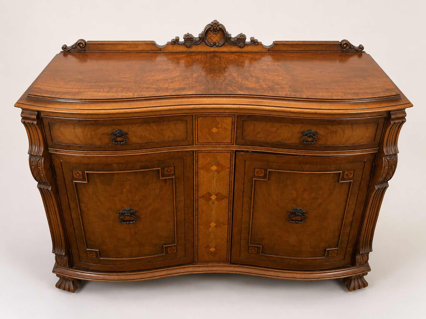 Photo 1 of ANTIQUE ENGLISH CHIPPENDALE STYLE SERPENTINE WALNUT BURL SIDEBOARD, APPRAISED $2,800 – $4,200 46 1/2“ x 19“ x H38 1/2“