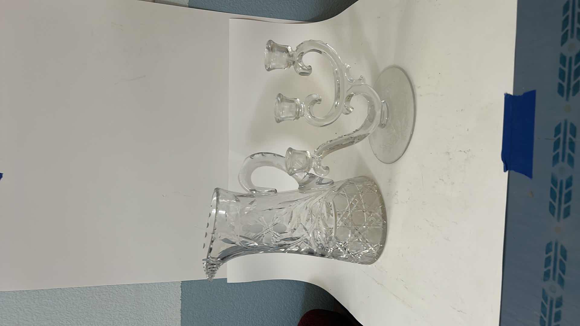 Photo 1 of ANTIQUE AMERICAN BRILLIANT CUT CRYSTAL PITCHER AND FASTORIA CENTURY PATTERN CANDELABRA $150