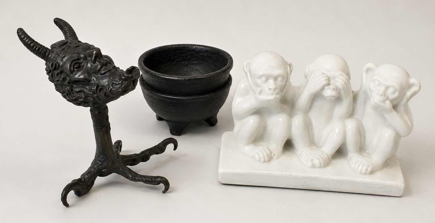 Photo 1 of RARE ANTIQUE 19TH-CENTURY BRONZE SATYR CIGAR LIGHTER ON CLAW FOOT WITH SEE NO EVIL & MORE