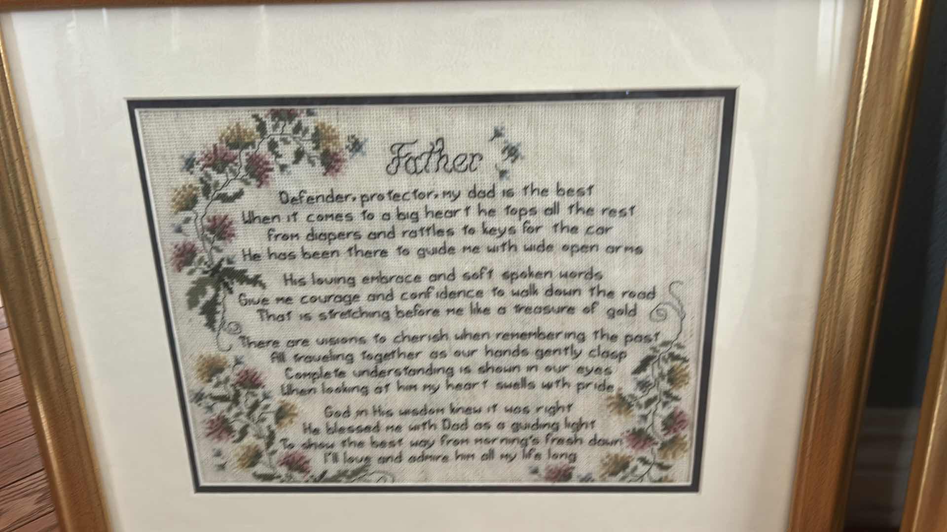 Photo 1 of 2 FRAMED VINTAGE COUNTED CROSSTITCH PATTERN, MOTHER AND FATHER TRIBUTE POEM ARTWORK 16” x H21”
