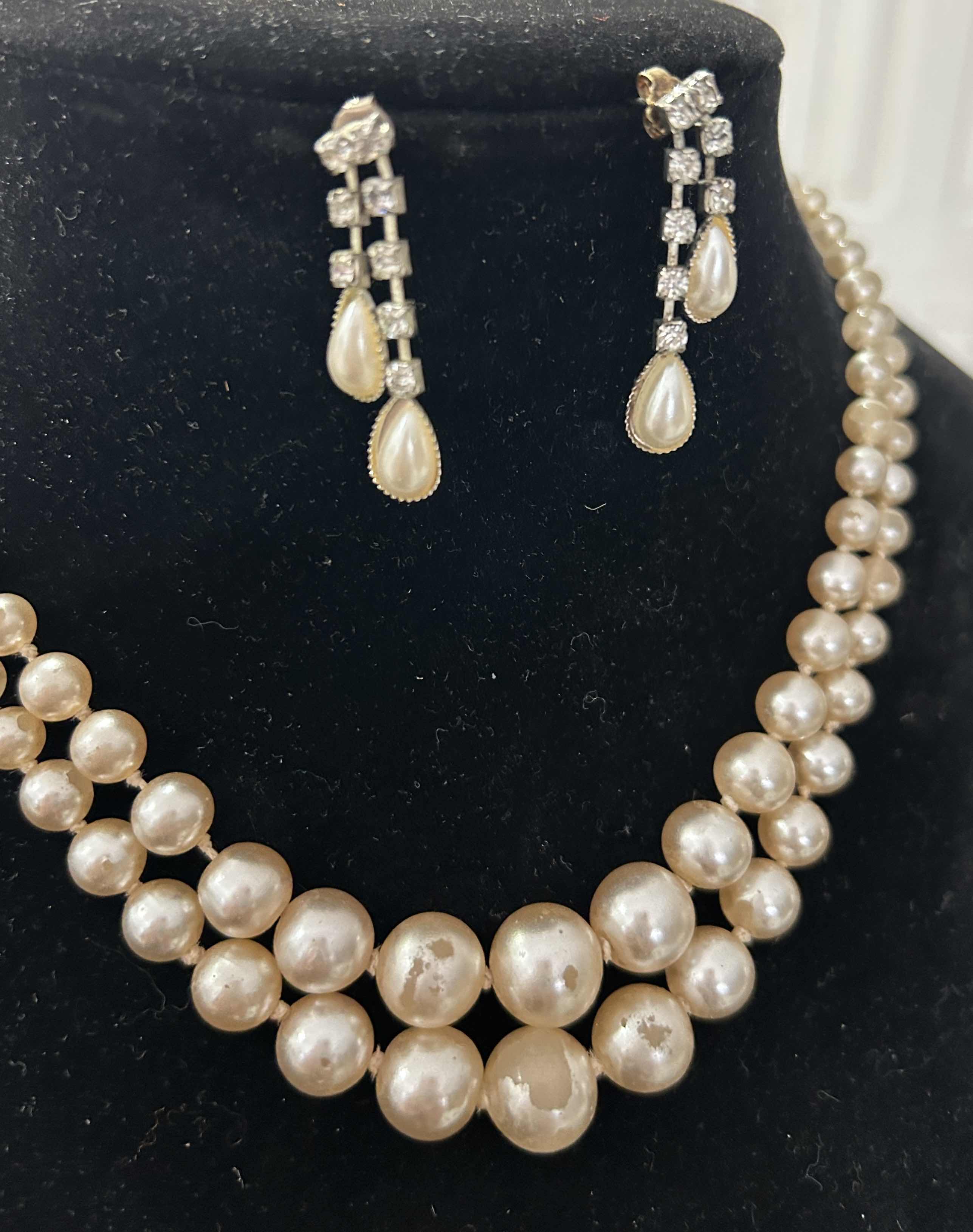Photo 1 of VINTAGE ESTELE RHODIUM PLATED DOUBLE LINED SIMULATED PEARL NECKLACE WITH DANGLING RHINESTONE EARRINGS