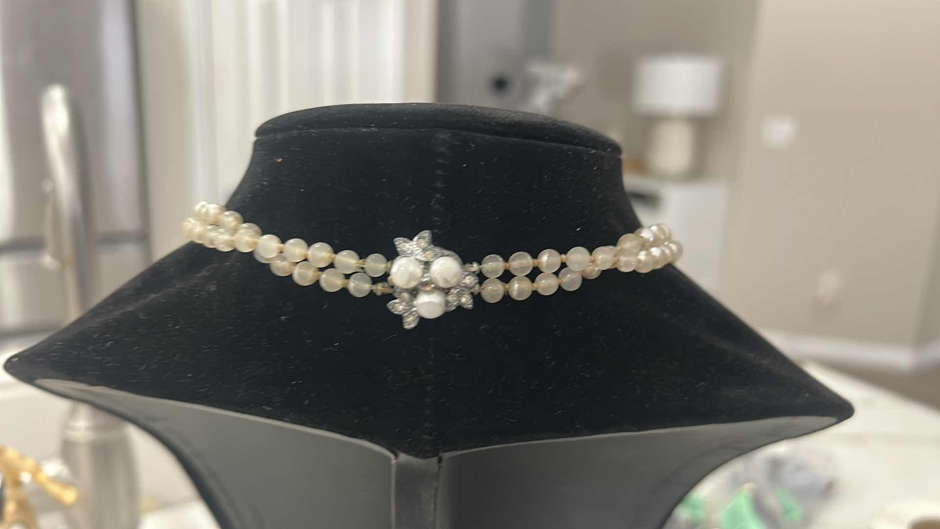 Photo 1 of VINTAGE ESTELE RHODIUM PLATED DOUBLE LINED SIMULATED PEARL NECKLACE WITH DANGLING RHINESTONE EARRINGS