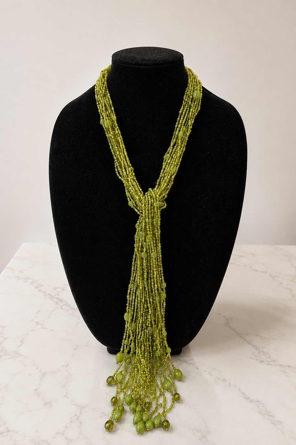 Photo 1 of VINTAGE MULTI STRAND, CHARTREUSE, GREEN SEED BEAD LARIAT, NECKLACE,