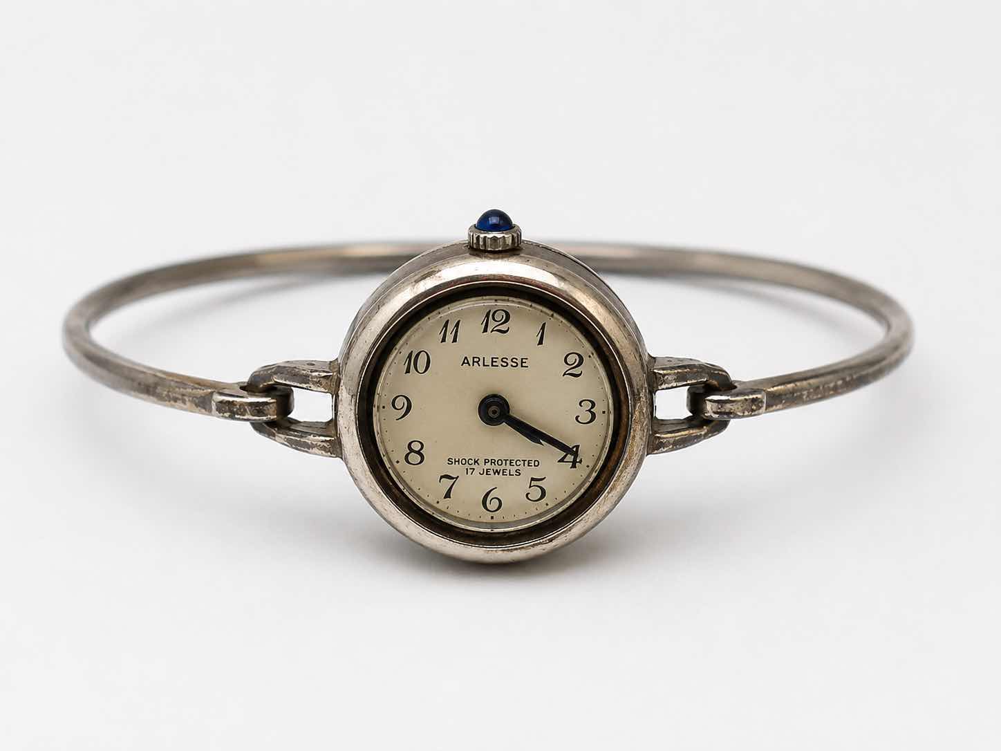 Photo 1 of VINTAGE ARLESSE STERLING SILVER 17 JEWELS MID-CENTURY MECHANICAL LADIES BANGLE WATCH