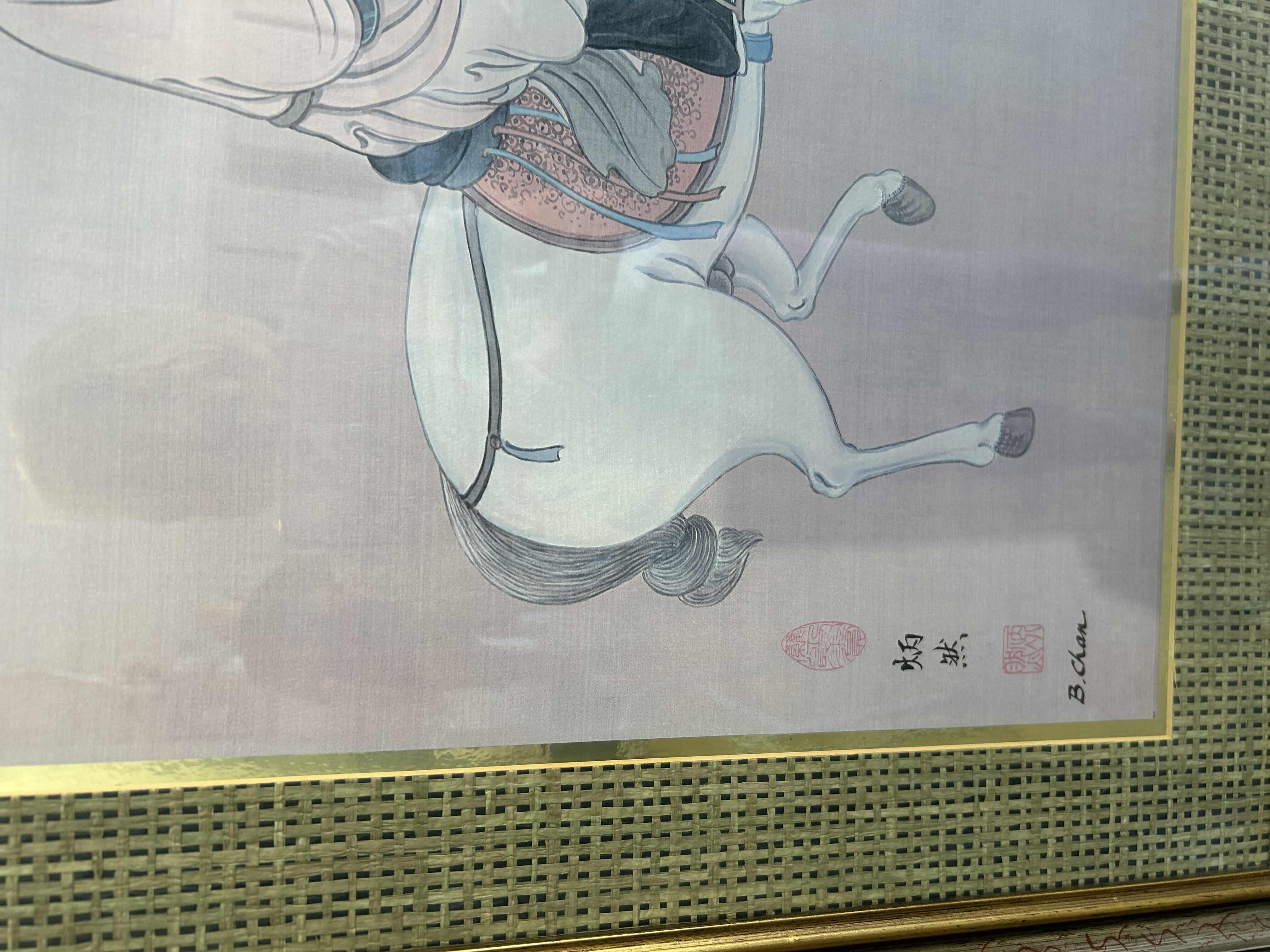 Photo 1 of FRAMED CHINESE STYLE ART PRINT BY B CHAN " A MAN RIDING A HORSE " 34" X 28"