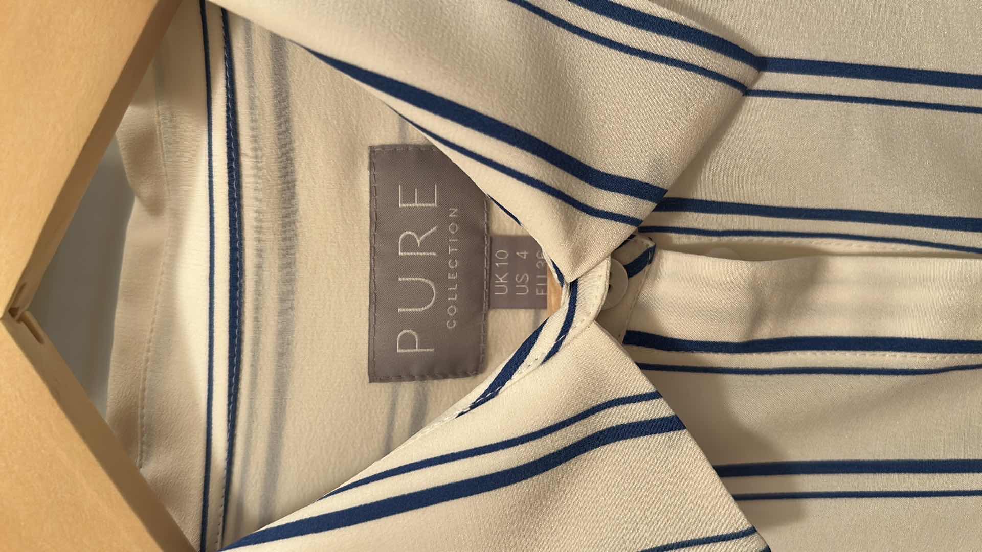 Photo 1 of ELEGANT IVORY W BLUE STRIPES SILK BUTTON DOWN BLOUSE FROM PURE COLLECTION SIZE 4