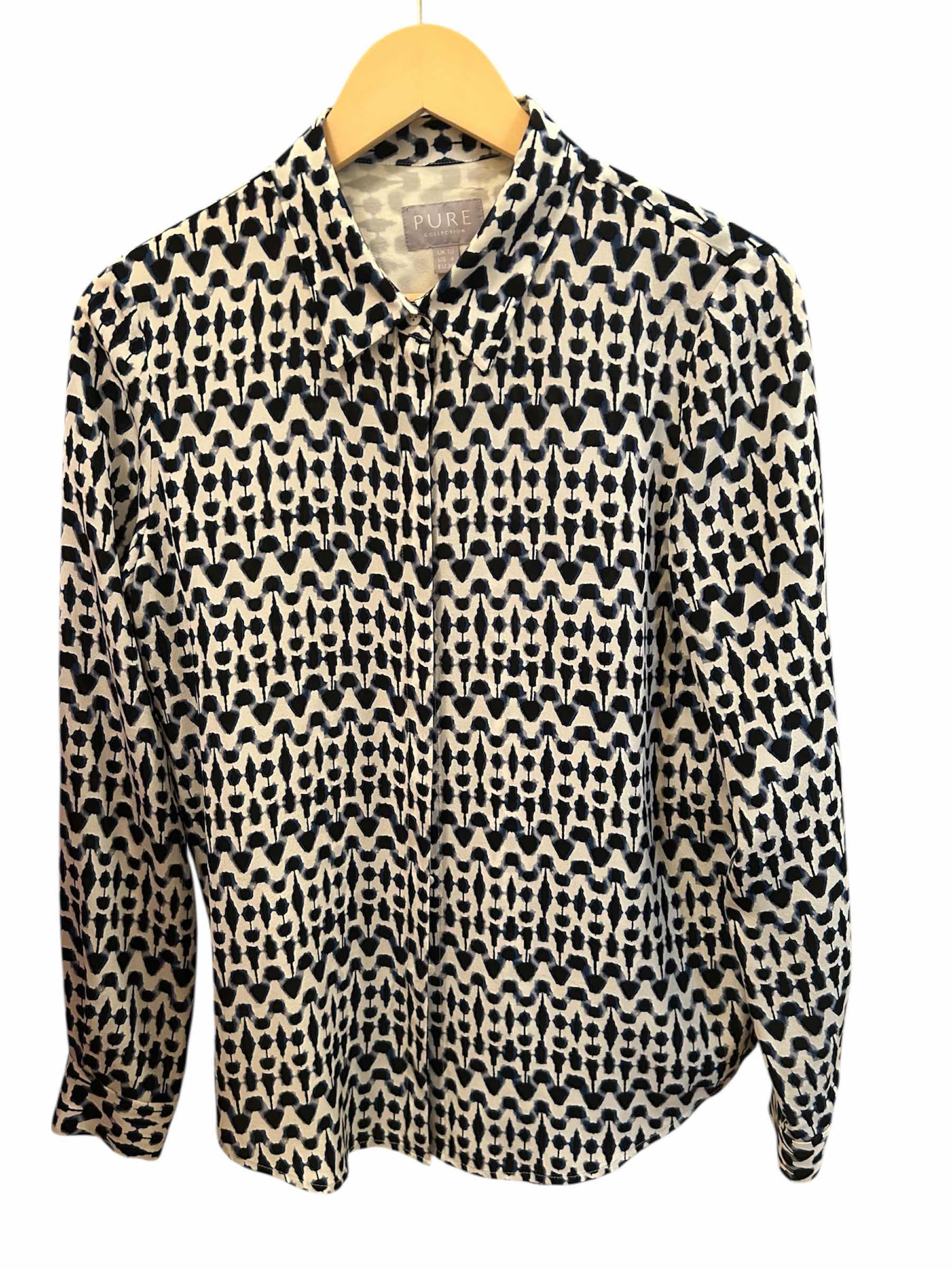 View 1 of ELEGANT NAVY GEOMETRIC SILK BUTTON DOWN BLOUSE FROM PURE COLLECTION SIZE 4
