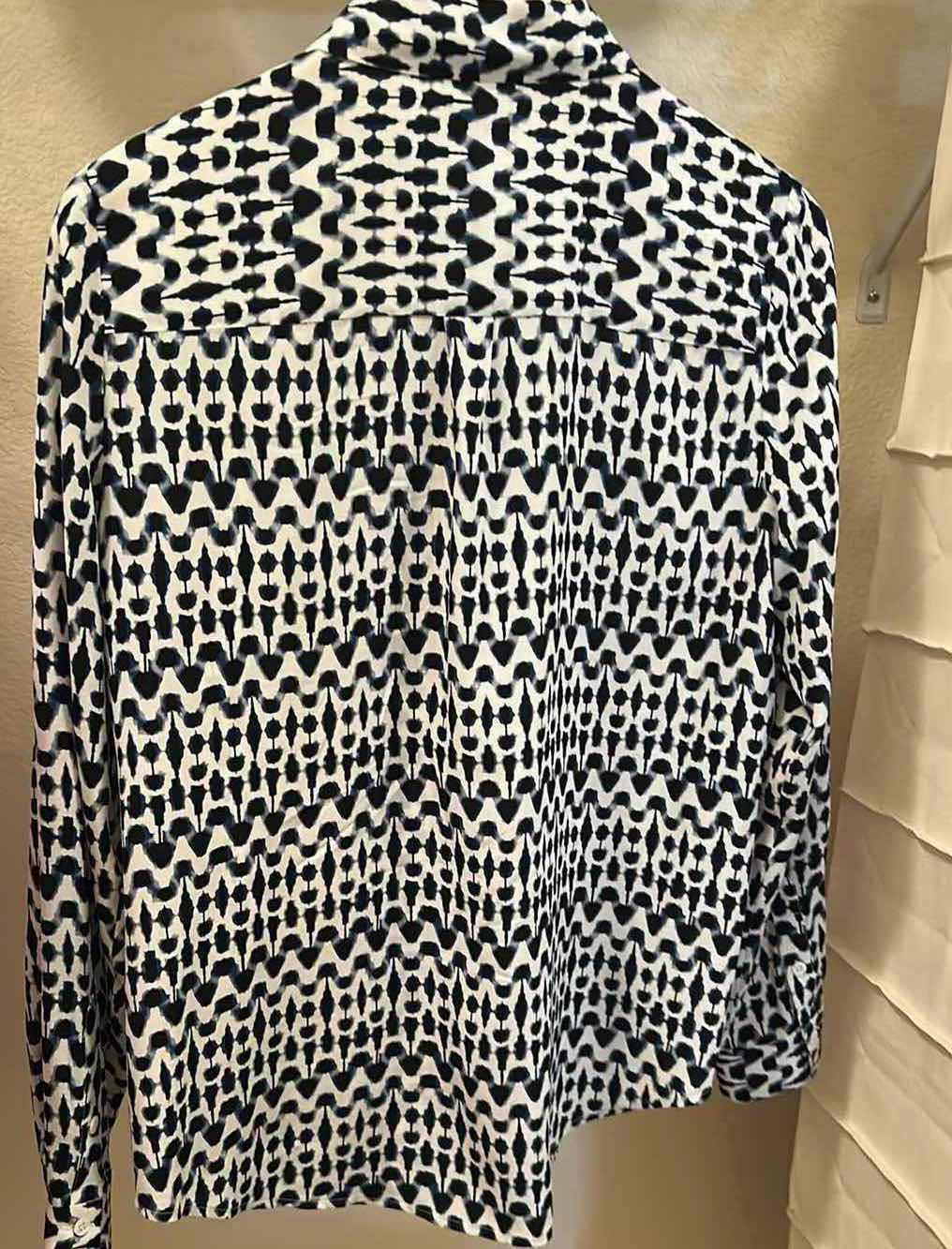 View 2 of ELEGANT NAVY GEOMETRIC SILK BUTTON DOWN BLOUSE FROM PURE COLLECTION SIZE 4
