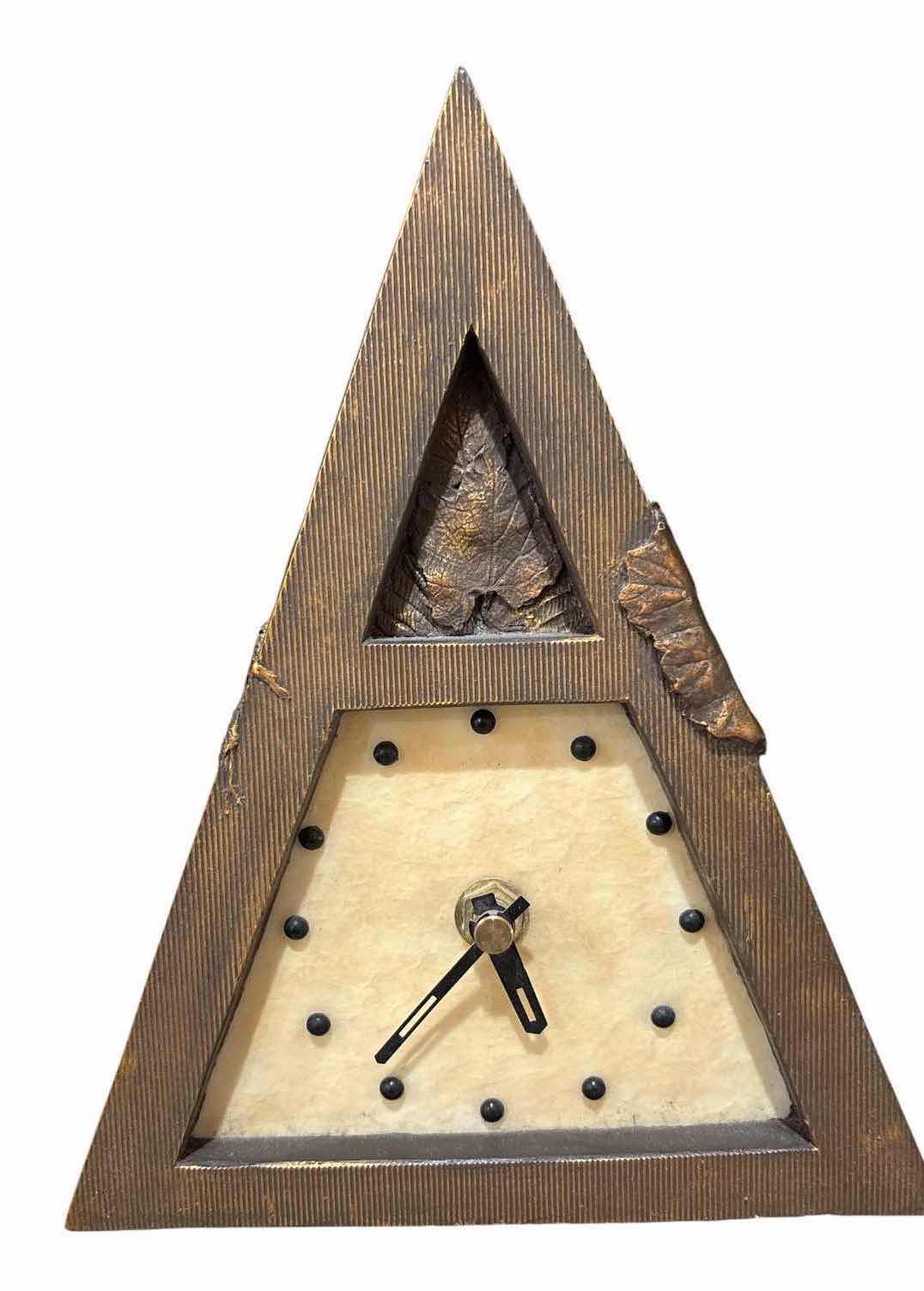 Photo 1 of DECORATIVE TRIANGLE TABLE CLOCK WITH QUARTZ MOVEMENT AND CARVED LEAF ACCENTS H8.5”