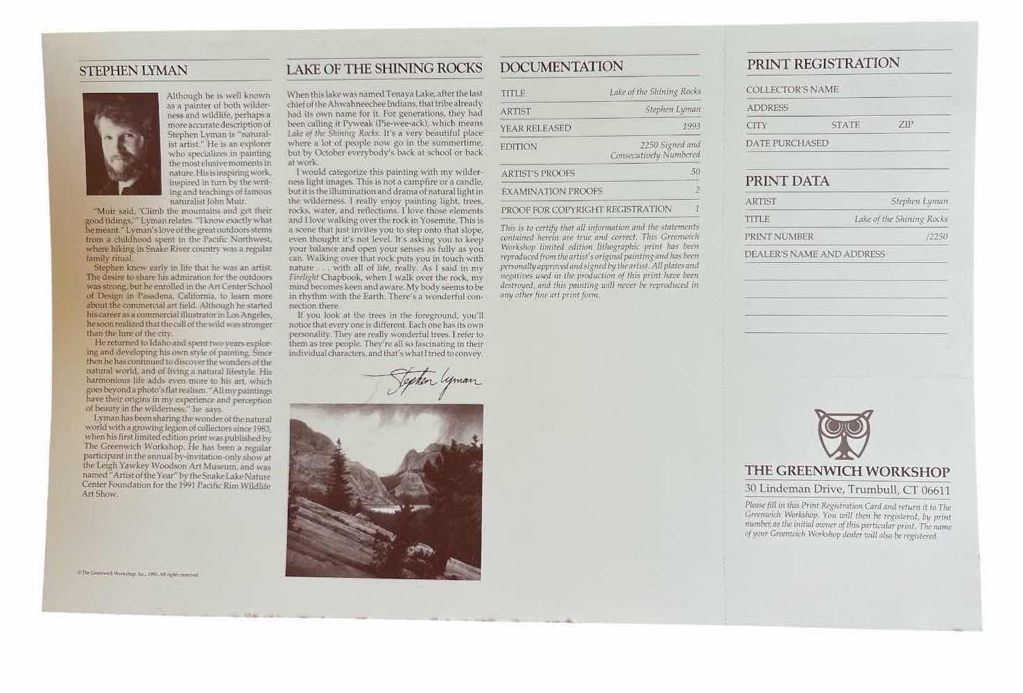 Photo 1 of FRAMED ARTWORK SIGNED AND NUMBERED LIMITED EDITION LANDSCAPE PRINT BY STEPHEN LYMAN “LAKE OF SHINING ROCKS” NUMBERED 1879/2320 W/COA 43”X33” $500