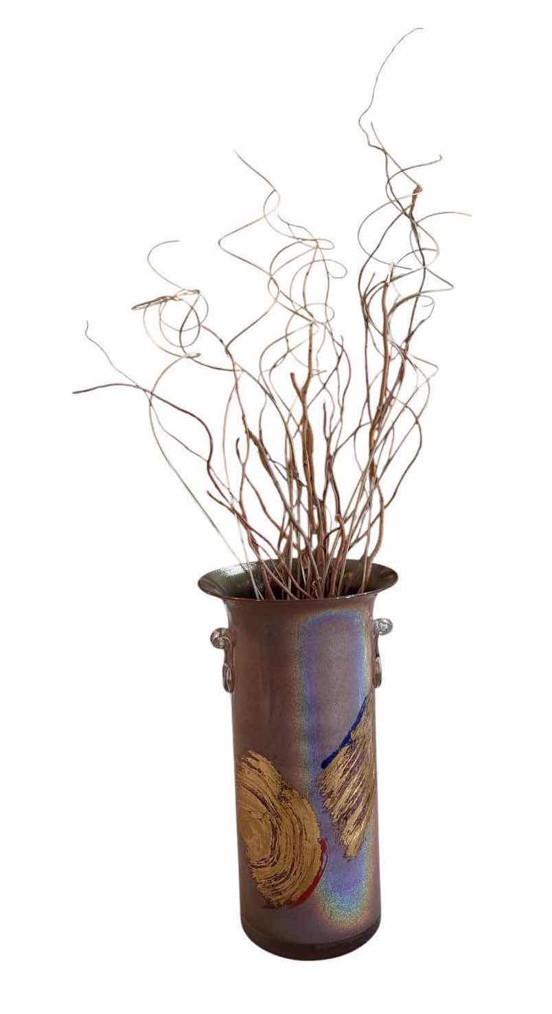 Photo 1 of ART POTTERY TABLE IRIDESCENT GLAZE, APPLIED GLASS HANDLES, AND ABSTRACT ACCENTS VASE H16” TOTAL H41” $250
