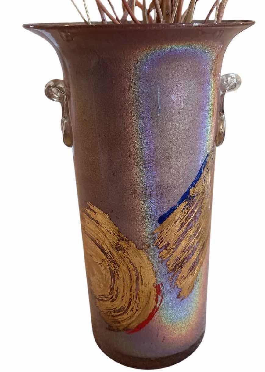 Photo 1 of ART POTTERY TABLE IRIDESCENT GLAZE, APPLIED GLASS HANDLES, AND ABSTRACT ACCENTS VASE H16” TOTAL H41” $250