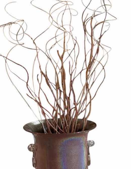 Photo 1 of ART POTTERY TABLE IRIDESCENT GLAZE, APPLIED GLASS HANDLES, AND ABSTRACT ACCENTS VASE H16” TOTAL H41” $250