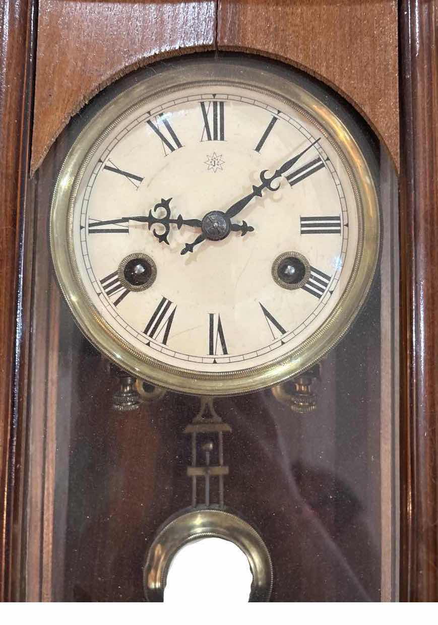 View 2 of ANTIQUE JUNGHANS GERMAN VIENNA STYLE WALL REGULATOR CLOCK WITH ORIGINAL PENDULUM AND WINDING KEY 10.5”X7”H29” $800