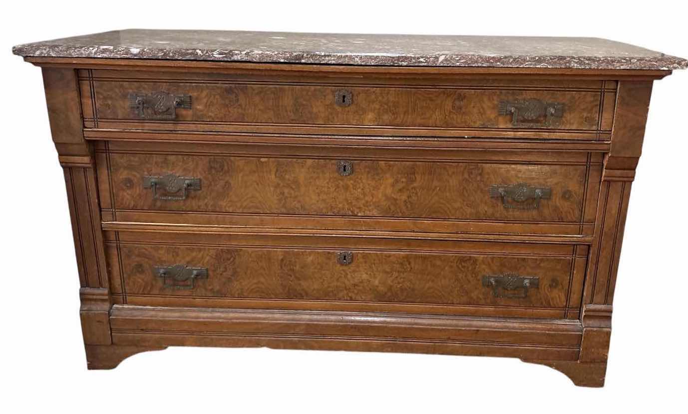 Photo 1 of ANTIQUE 3-DRAWER DRESSER FEATURING BEAUTIFUL BURL WALNUT VENEER, ORIGINAL MARBLE TOP, AND DECORATIVE BRASS HARDWARE 49”X20.5”H28.5” $2500