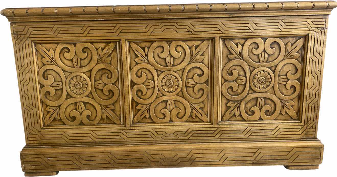 Photo 1 of VINTAGE HAND CARVED SOLID PINE WOOD CHEST 36“ X 16“ H 19 3/4”