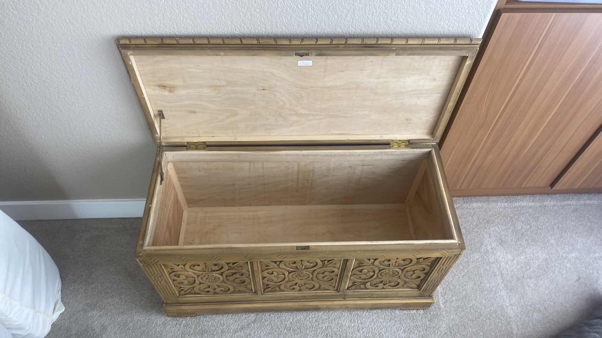 Photo 1 of VINTAGE HAND CARVED SOLID PINE WOOD CHEST 36“ X 16“ H 19 3/4”