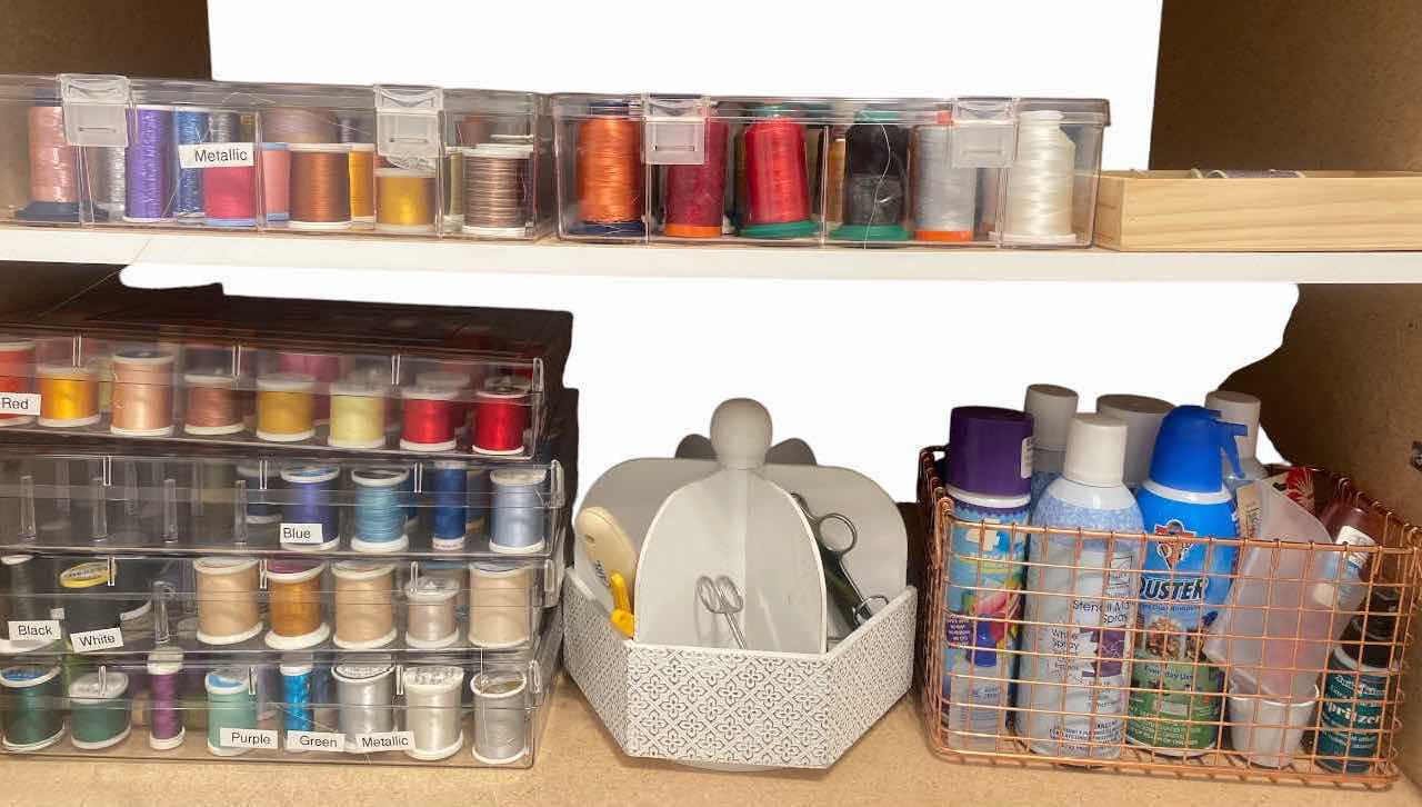 Photo 1 of CONTENTS OF CABINET TWO SHELVES WITH THREAD AND CRAFTING SUPPLIES