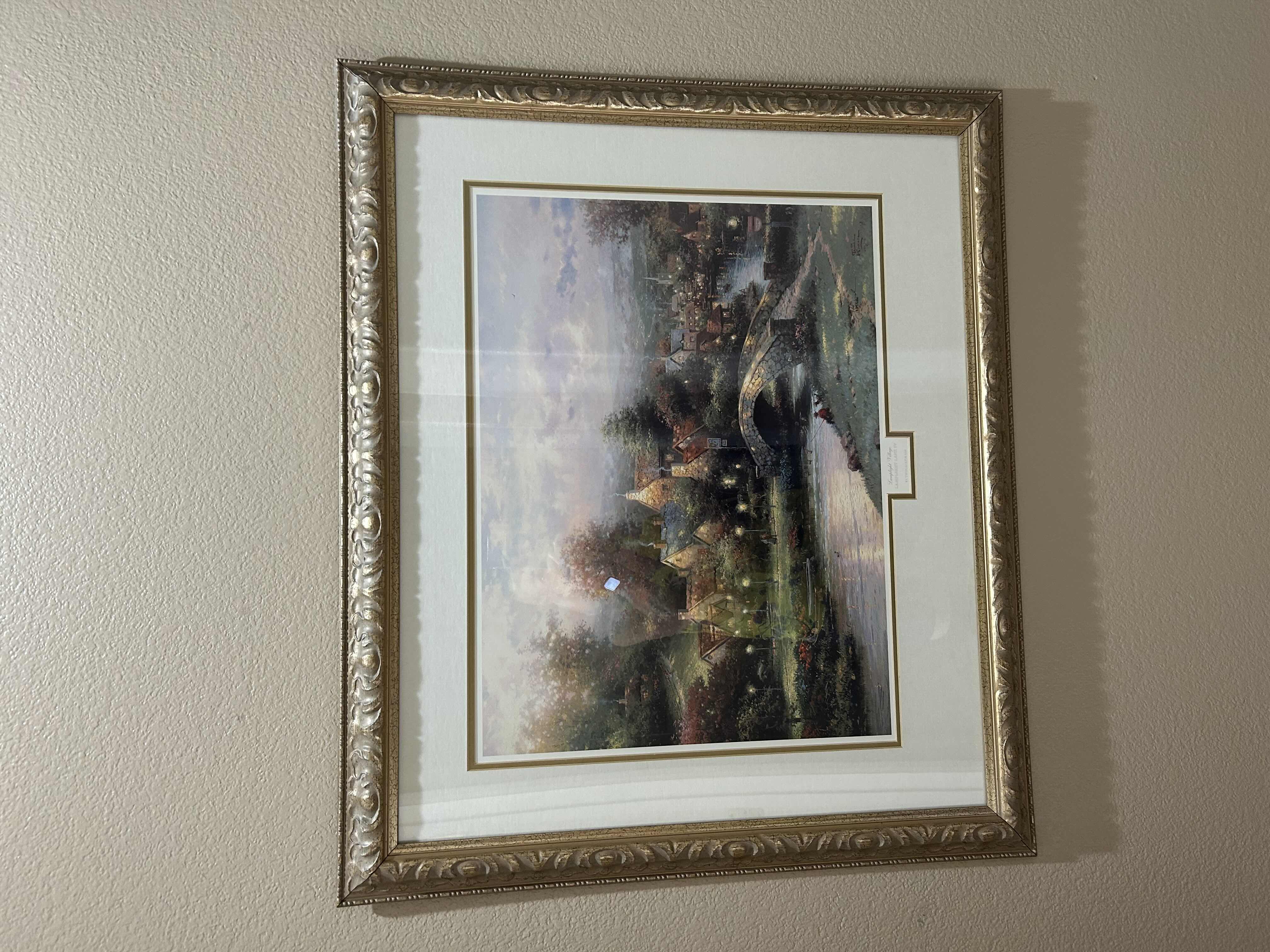 Photo 1 of GOLD ORNATE FRAMED ART "LAMPLIGHT VILLAGE" BY THOMAS KINKADE VILLAGE SCENE W STONE BRIDGE 35" X 29"