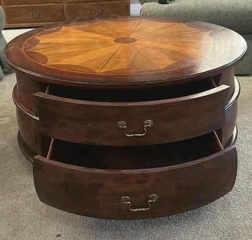 Photo 1 of BUTLER SPECIALTY COMPANY WOODEN BARREL COFFEE TABLE W PLANTATION CHERRY FINISH DIAMOND PARQUET TOP PATTERN 39" H 19"