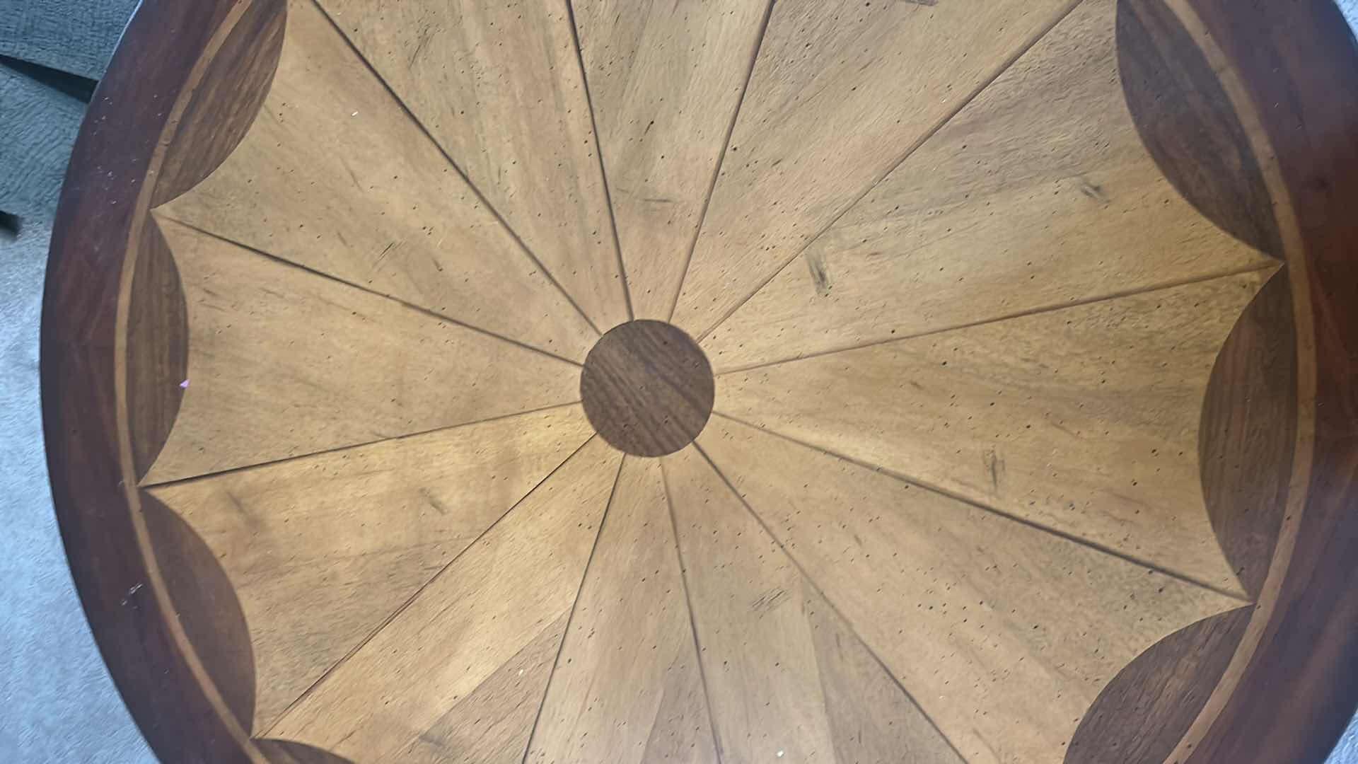 Photo 1 of BUTLER SPECIALTY COMPANY WOODEN BARREL COFFEE TABLE W PLANTATION CHERRY FINISH DIAMOND PARQUET TOP PATTERN 39" H 19"