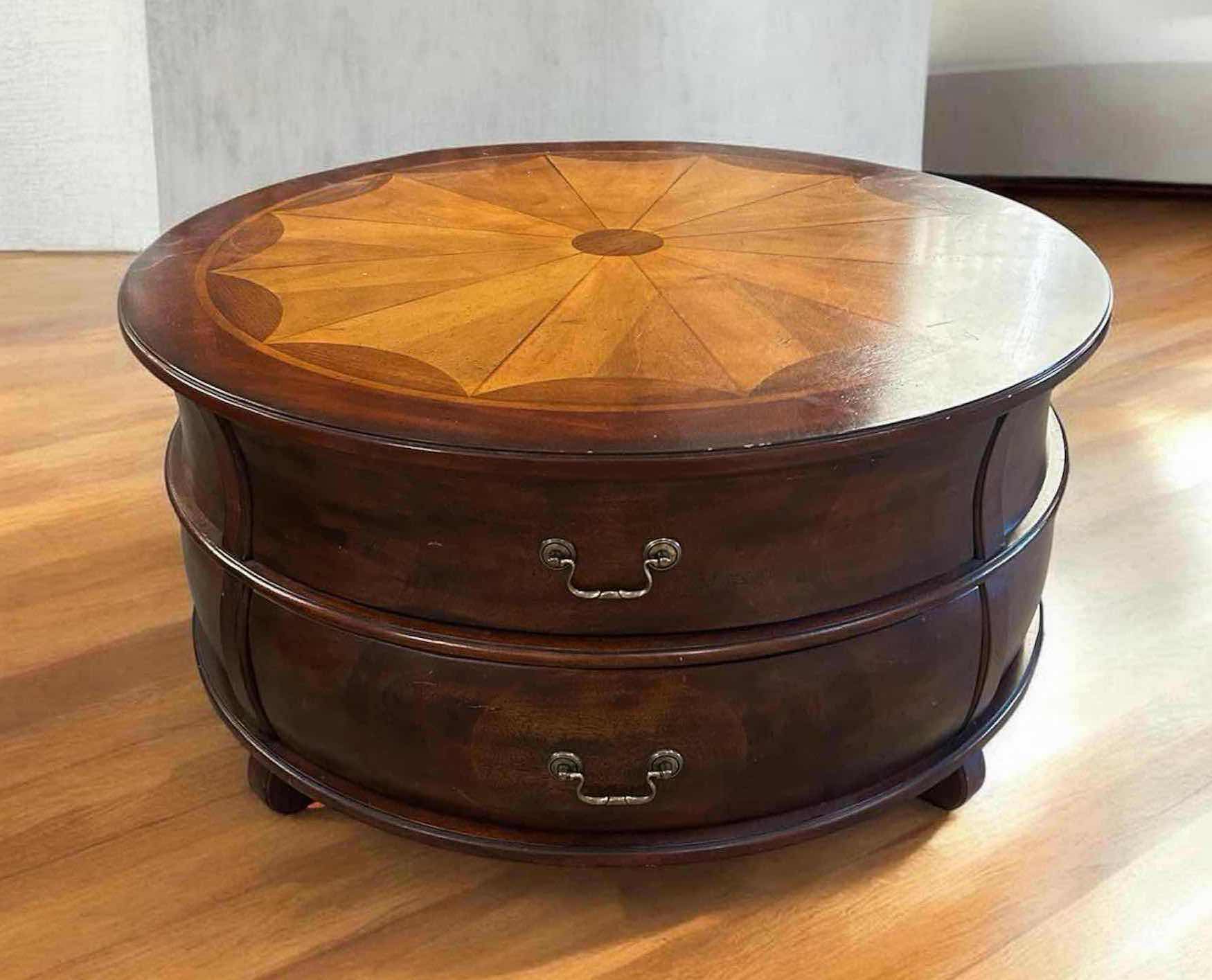 Photo 1 of BUTLER SPECIALTY COMPANY WOODEN BARREL COFFEE TABLE W PLANTATION CHERRY FINISH DIAMOND PARQUET TOP PATTERN 39" H 19"