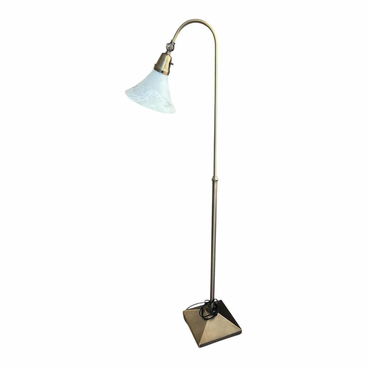 Photo 1 of ANTIQUE BRASS FLOOR LAMP W SLENDER STEM & RUFFLED MILK GLASS SHADE H 45"
