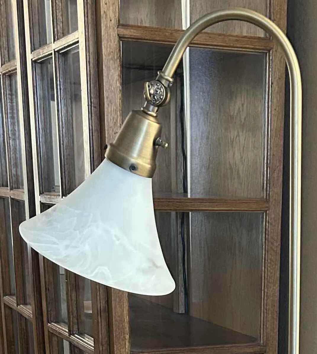 Photo 1 of ANTIQUE BRASS FLOOR LAMP W SLENDER STEM & RUFFLED MILK GLASS SHADE H 45"