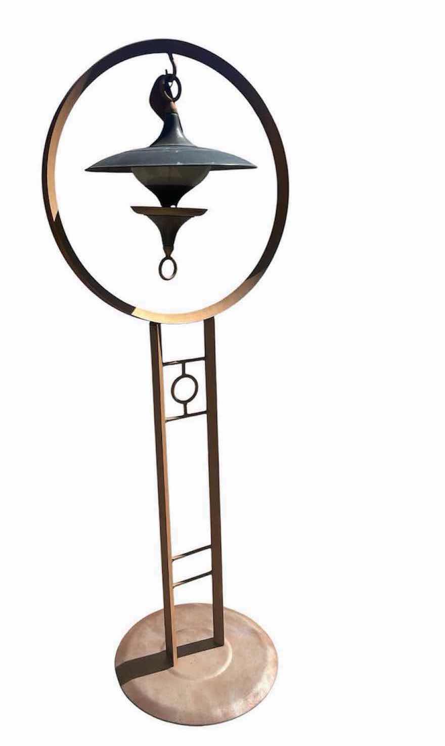 Photo 1 of TOM TORRENS POSTMODERN SCULPTURAL BIRD FEEDER W COPPER ROOF & STEEL FRAME FINISH H 78"