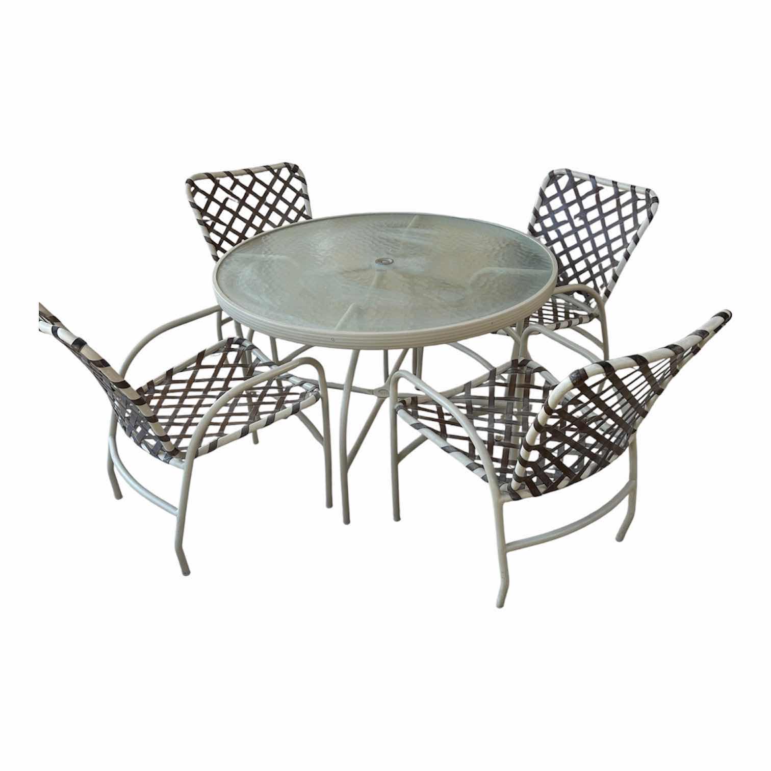 Photo 1 of GLASS TOP 40" PATIO TABLE W FOUR ARM CHAIRS W LATTICED VINYL STRAPS H 26"